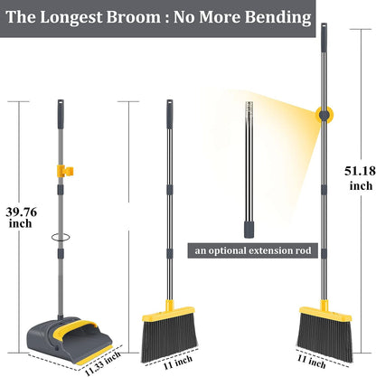 kelamayi Upgrade Stand Up Broom and Dustpan Set, Self-Cleaning with Dustpan Teeth, Ideal for Dog Cat Pets Home Use, Super Long Handle (Gray&Orange)