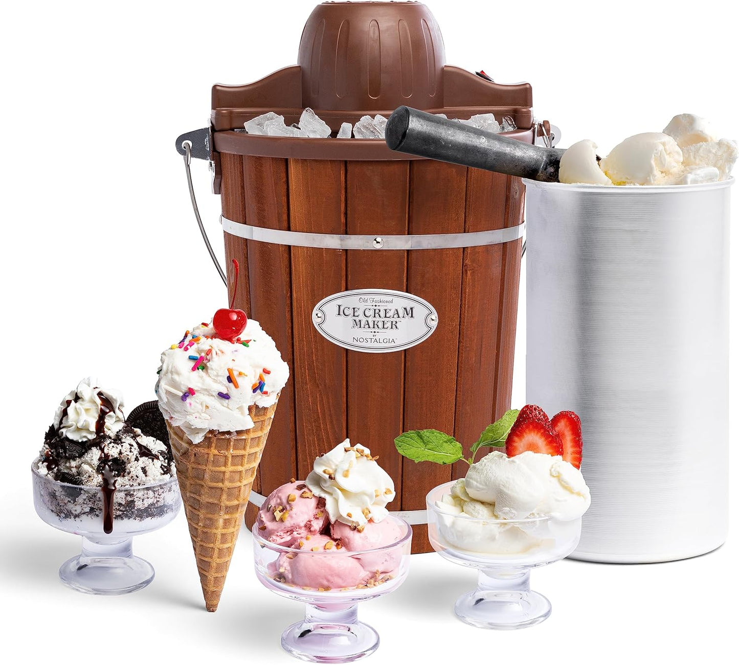 Nostalgia Electric Ice Cream Maker - Old Fashioned Soft Serve Ice Cream Machine Makes Frozen Yogurt or Gelato in Minutes - Fun Kitchen Appliance - Vintage Wooden Style - Light Wood - 4 Quart