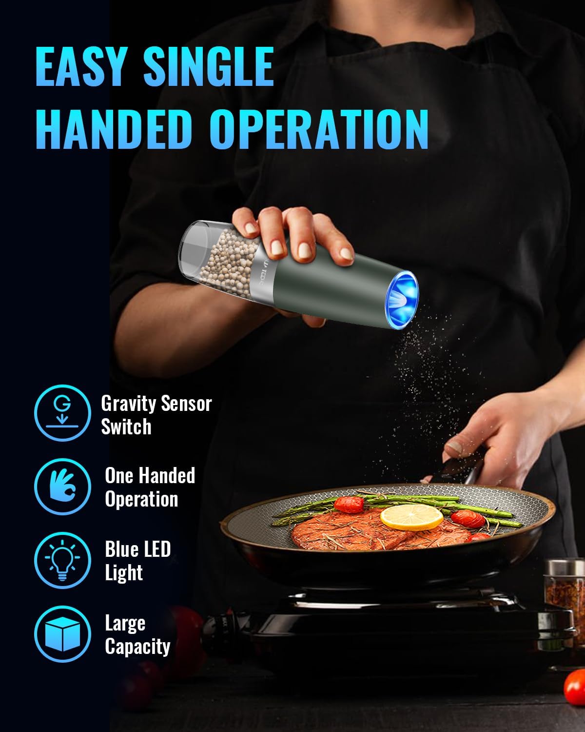Sweet Alice Gravity Electric Pepper and Salt Grinder Set, Adjustable Coarseness, Battery Powered with LED Light, One Hand Automatic Operation, Stainless Steel Black, 2 Pack