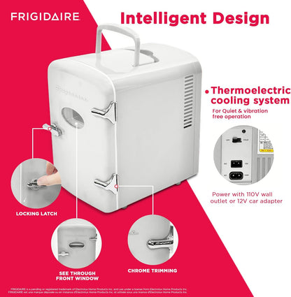 Frigidaire Retro Mini Fridge Cooler, 4L Capacity Chills 6 12oz Cans, 100% Freon-Free & Eco Friendly, Portable Fridge for Car, Office, Bedroom, Dorm Room, or Cabin - 9.84"D x 7.09"W x 10.35"H (Pink)