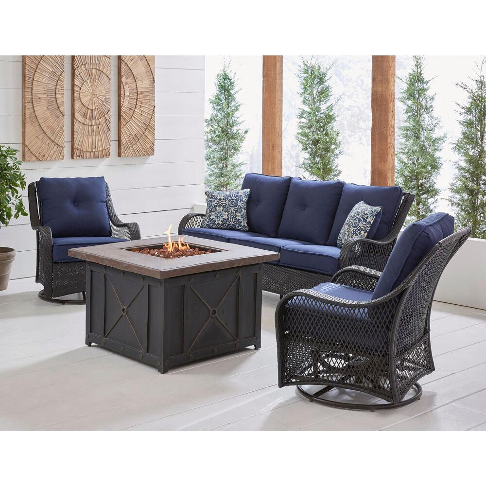 [Copy]4-Piece Woven Steel Patio Fire pit Seating Set with Sahara Sand Cushions, Sofa, Swivel Gliders and Fire pit