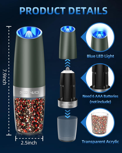Sweet Alice Gravity Electric Pepper and Salt Grinder Set, Adjustable Coarseness, Battery Powered with LED Light, One Hand Automatic Operation, Stainless Steel Black, 2 Pack