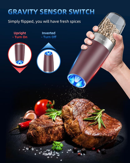Sweet Alice Gravity Electric Pepper and Salt Grinder Set, Adjustable Coarseness, Battery Powered with LED Light, One Hand Automatic Operation, Stainless Steel Black, 2 Pack