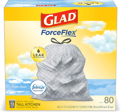 Glad Tall Kitchen Drawstring Trash Bags - Odorshield 13 Gallon White Trash Bag, Febreze Fresh Clean, 110 Count