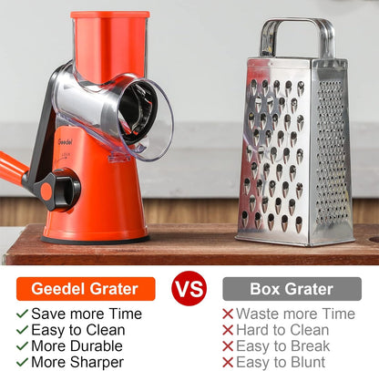Geedel Rotary Cheese Grater, Kitchen Mandoline Vegetable Slicer with 3 Interchangeable Blades, Easy to Clean Grater for Fruit, Vegetables, Nuts