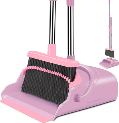 kelamayi Upgrade Stand Up Broom and Dustpan Set, Self-Cleaning with Dustpan Teeth, Ideal for Dog Cat Pets Home Use, Super Long Handle (Gray&Orange)