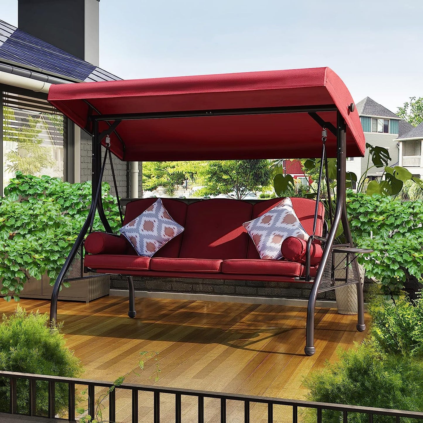 NOBLEMOOD Patio Porch Swing, 3-Seat Outdoor Swing with Adjustable Canopy, Thickened Cushion, Pillow and Foldable Side Tray for Patio, Backyard, Porch Swing Bed for Spring(Khaki)