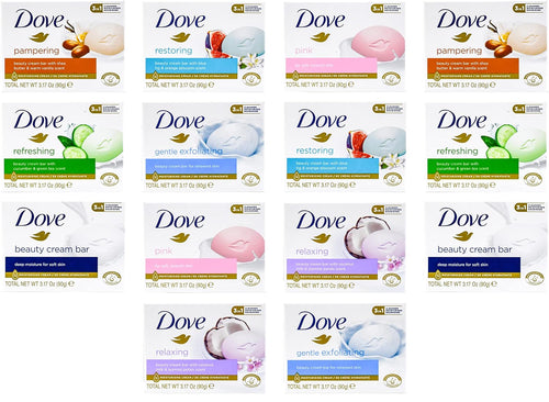 Dove, Beauty Bar Soap Variety Pack of 14, Go Fresh, Shea Butter, Coconut Milk, White, Pampering, Restoring, Exfoliating - 90g (7 Scents, 2 of Each)