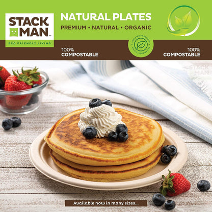 Paper Plates, 100% Compostable Heavy Duty Disposable Plate - [125-Pack] - {PFAS-Free} - {BPI Certified} - [9 Inch] Eco-Friendly, Biodegradable Bagasse Natural Brown 9" Dinner Plates - By Stack Man