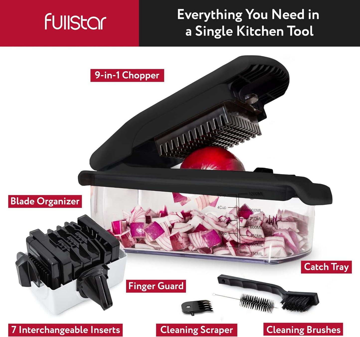 Fullstar Vegetable Chopper - Food Chopper - Onion Chopper - Vegetable Slicer & Spiralizer - Veggie Chopper with Container - Kitchen Gadgets - Home Essentials - Kitchen Accessories (4 in 1, White)