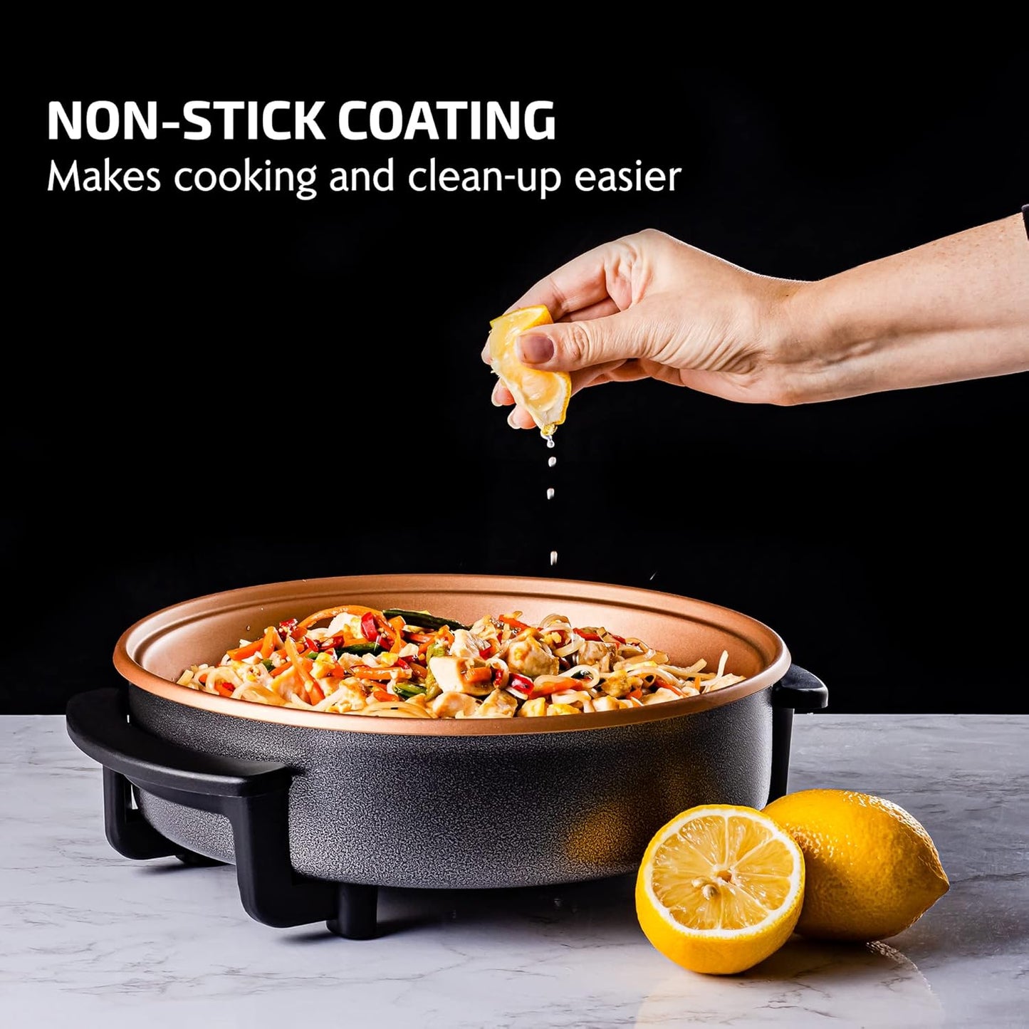 OVENTE 12 Inch Electric Skillet and Frying Pan with Nonstick Coating, 1400W Power, Adjustable Temperature Control, Tempered Glass Lid with Vent and Cool Touch Handles, Black SK11112B