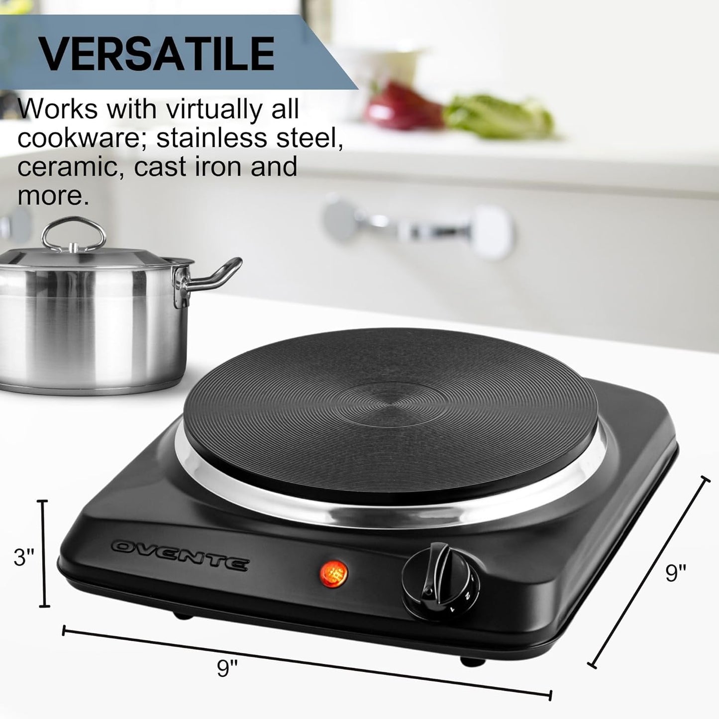 OVENTE Electric Countertop Double Burner, 1700W Cooktop with 7.25" and 6.10" Cast Iron Hot Plates, Temperature Control, Portable Cooking Stove and Easy to Clean Stainless Steel Base, Black BGS102B