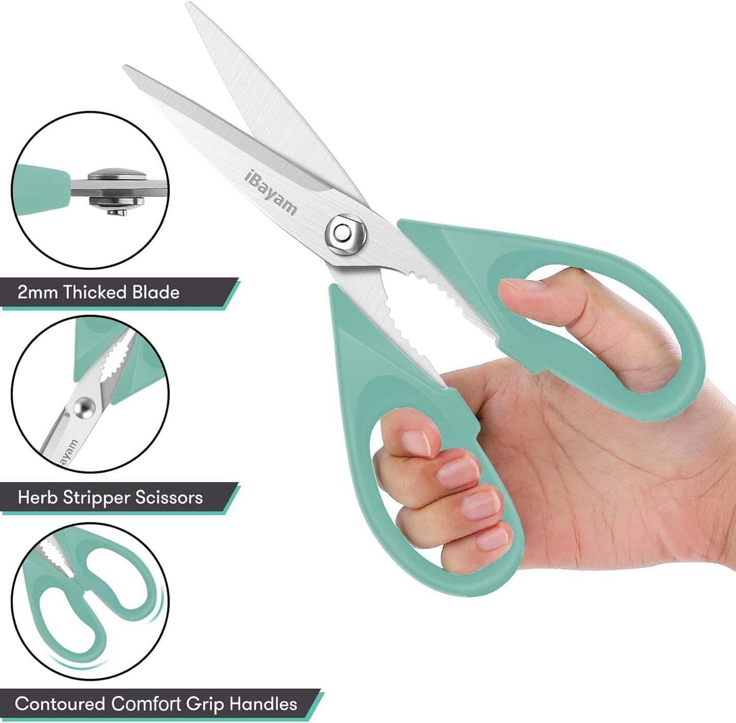iBayam Kitchen Scissors All Purpose Heavy Duty Meat Poultry Shears, Dishwasher Safe Food Cooking Scissors Stainless Steel Utility Scissors, 2-Pack (Black Red, Black Gray)
