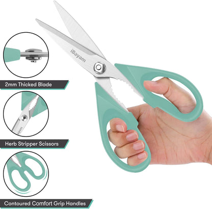 iBayam Kitchen Scissors All Purpose Heavy Duty Meat Poultry Shears, Dishwasher Safe Food Cooking Scissors Stainless Steel Utility Scissors, 2-Pack (Black Red, Black Gray)
