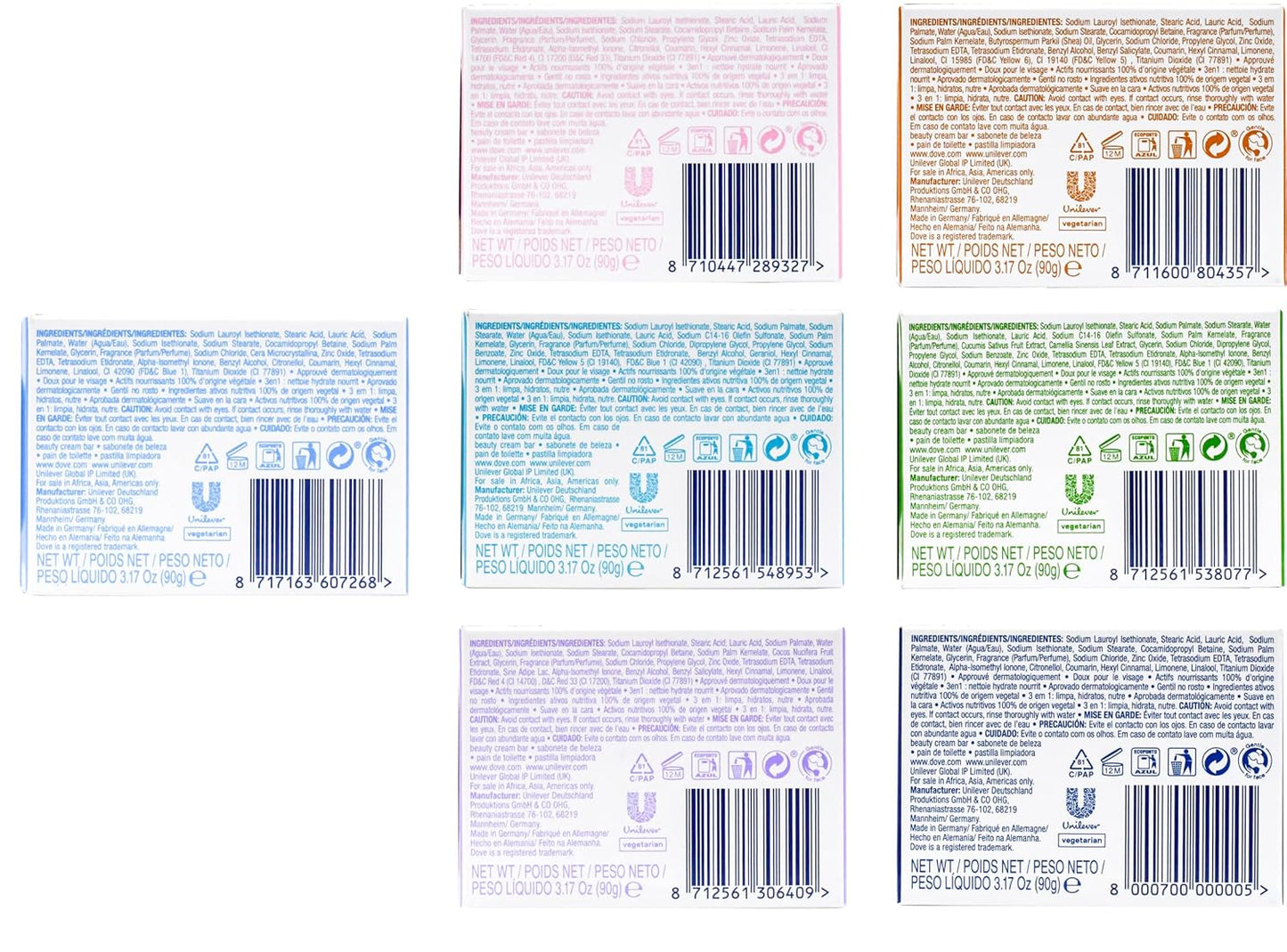 Dove, Beauty Bar Soap Variety Pack of 14, Go Fresh, Shea Butter, Coconut Milk, White, Pampering, Restoring, Exfoliating - 90g (7 Scents, 2 of Each)