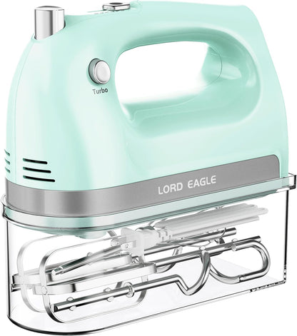 Lord Eagle Hand Mixer Electric, 400W Power handheld Mixer for Baking Cake Egg Cream Food Beater, Turbo Boost/Self-Control Speed + 5 Speed + Eject Button + 5 Stainless Steel Accessories (White)
