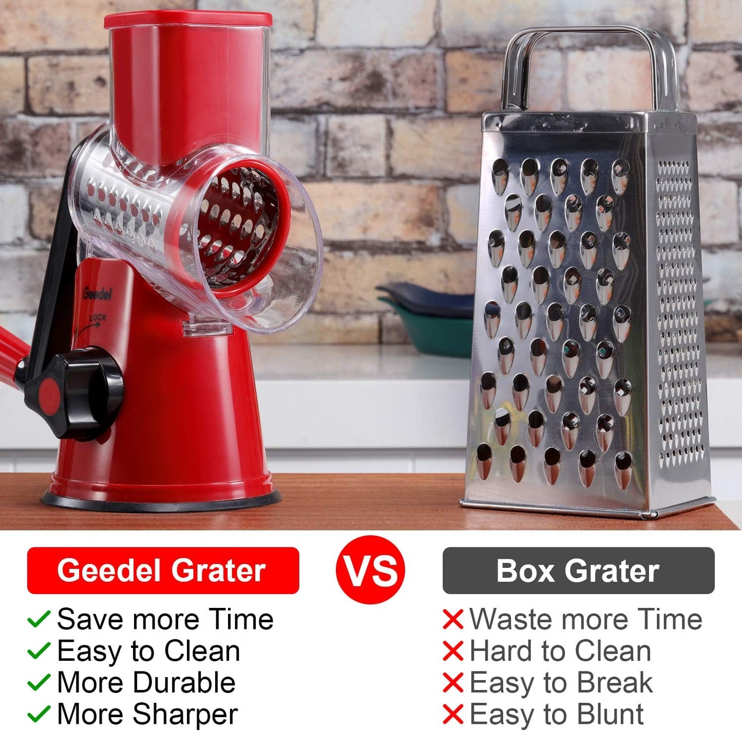 Geedel Rotary Cheese Grater, Kitchen Mandoline Vegetable Slicer with 3 Interchangeable Blades, Easy to Clean Grater for Fruit, Vegetables, Nuts
