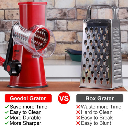 Geedel Rotary Cheese Grater, Kitchen Mandoline Vegetable Slicer with 3 Interchangeable Blades, Easy to Clean Grater for Fruit, Vegetables, Nuts