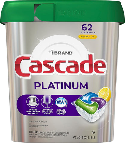 Cascade Platinum Dishwasher Pods, Dishwasher Detergent, Dishwasher Pod, Dishwasher Soap Pod, Actionpacs Dish Washing Pod, Lemon, 62 Count Dishwasher Detergent Pods