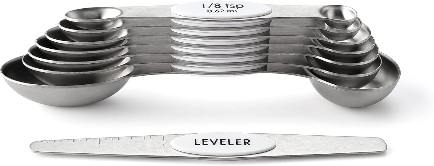 Spring Chef Magnetic Measuring Spoons Set with Strong N45 Magnets, Heavy Duty Stainless Steel Metal, Fits in Most Kitchen Spice Jars for Baking & Cooking, BPA Free, Black, Set of 8 with Leveler