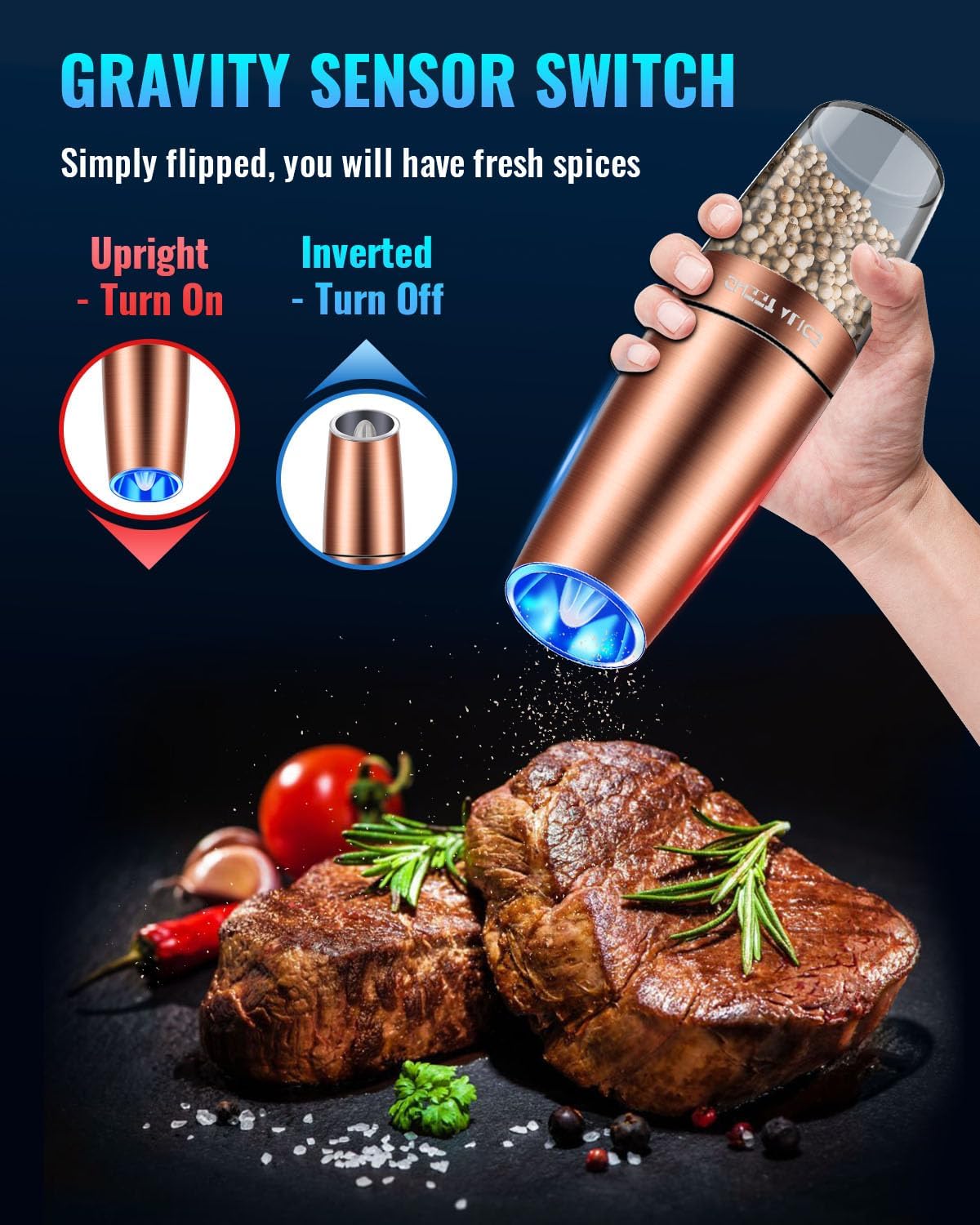Sweet Alice Gravity Electric Pepper and Salt Grinder Set, Adjustable Coarseness, Battery Powered with LED Light, One Hand Automatic Operation, Stainless Steel Black, 2 Pack