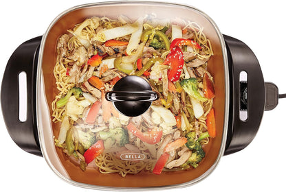 BELLA Electric Skillet and Frying Pan with Glass Lid, Nonstick Coating, Cool Touch Handles, Removable Heating Probe, Dishwasher Safe, 12 x 12 inch, Copper