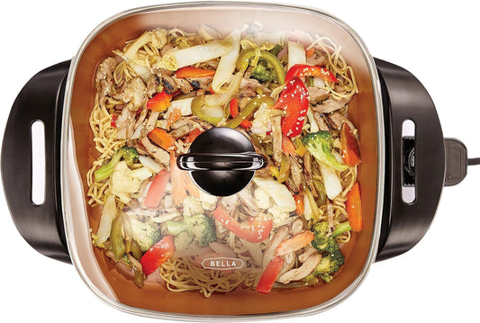 BELLA Electric Skillet and Frying Pan with Glass Lid, Nonstick Coating, Cool Touch Handles, Removable Heating Probe, Dishwasher Safe, 12 x 12 inch, Copper