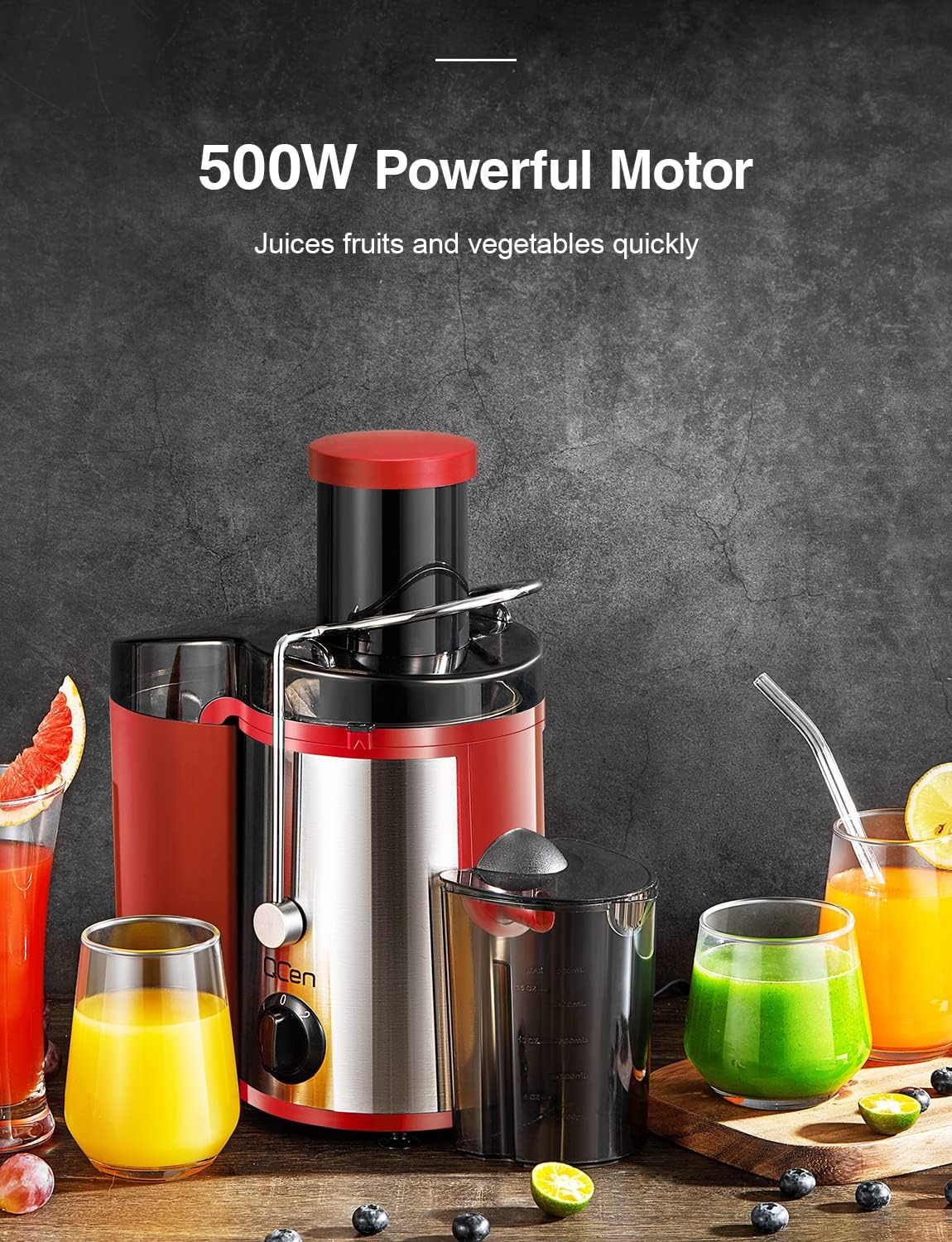 Qcen Juicer Machine, 800W Centrifugal Juicer Extractor with Wide Mouth 3” Feed Chute for Fruit Vegetable, Easy to Clean, Stainless Steel, BPA-free (Black)