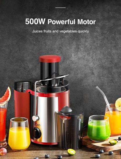 Qcen Juicer Machine, 800W Centrifugal Juicer Extractor with Wide Mouth 3” Feed Chute for Fruit Vegetable, Easy to Clean, Stainless Steel, BPA-free (Black)