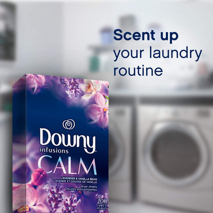 Downy Infusions Mega Dryer Sheets, Laundry Fabric Softener, CALM, Lavender and Vanilla Bean, 180 Count (3 box of 60 sheets)