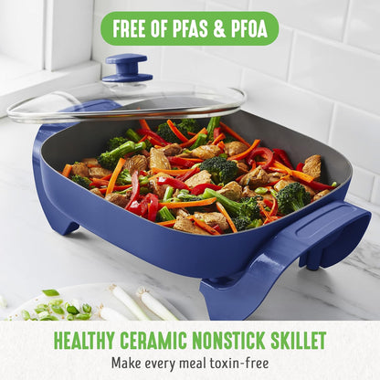 GreenLife 12" 5QT Square Electric Skillet, Glass Vented Lid, Ceramic PFAS-Free Nonstick Interior, Adjustable Temperature Control, Cool Touch Handles, Quick Even Heating, Scratch Resistant, Turquoise