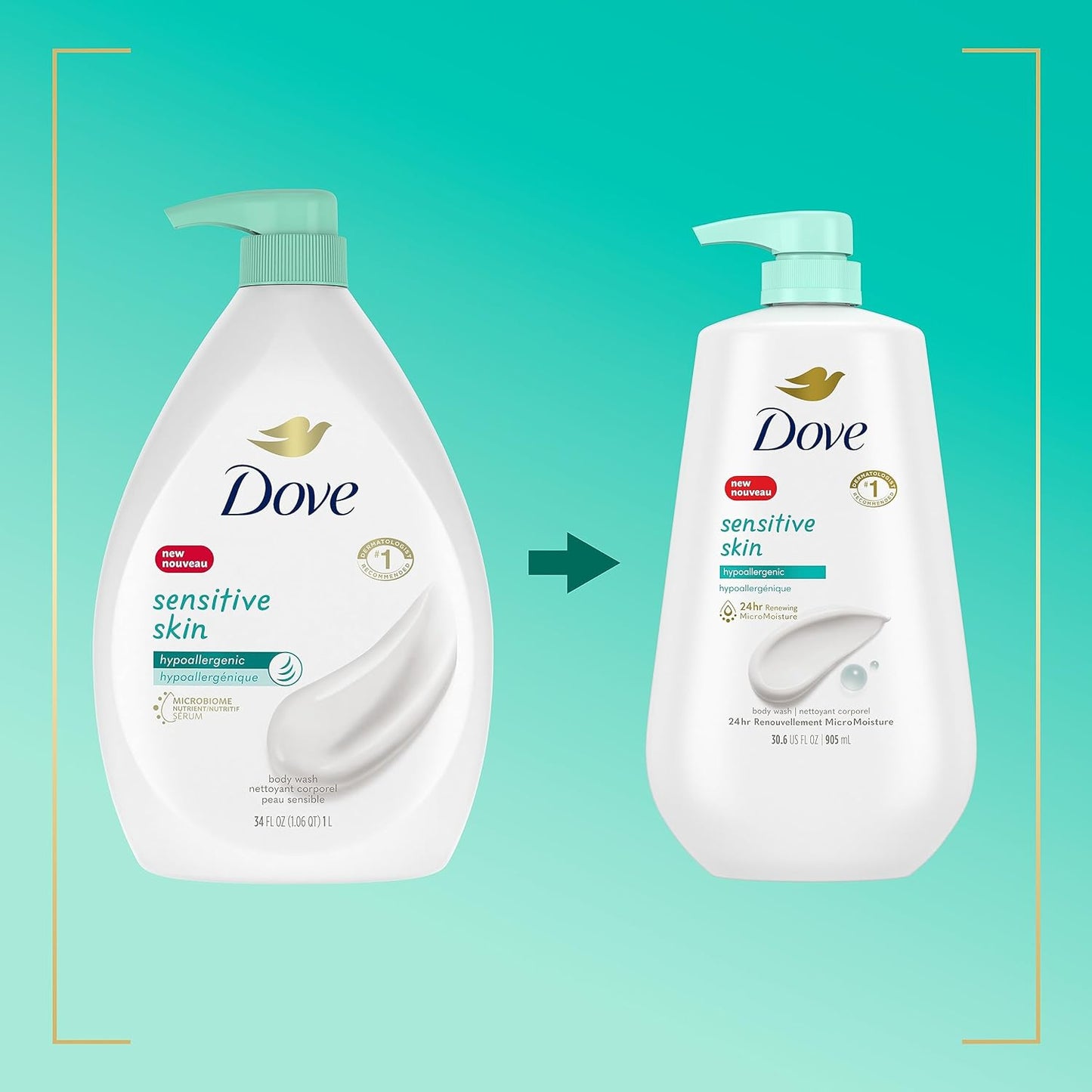 Dove Body Wash 3 Count with Pump Sensitive Skin Hypoallergenic, Paraben-Free, Sulfate-Free, Cruelty-Free, Moisturizing Skin Cleanser Effectively Washes Away Bacteria While Nourishing Skin 30.6 oz