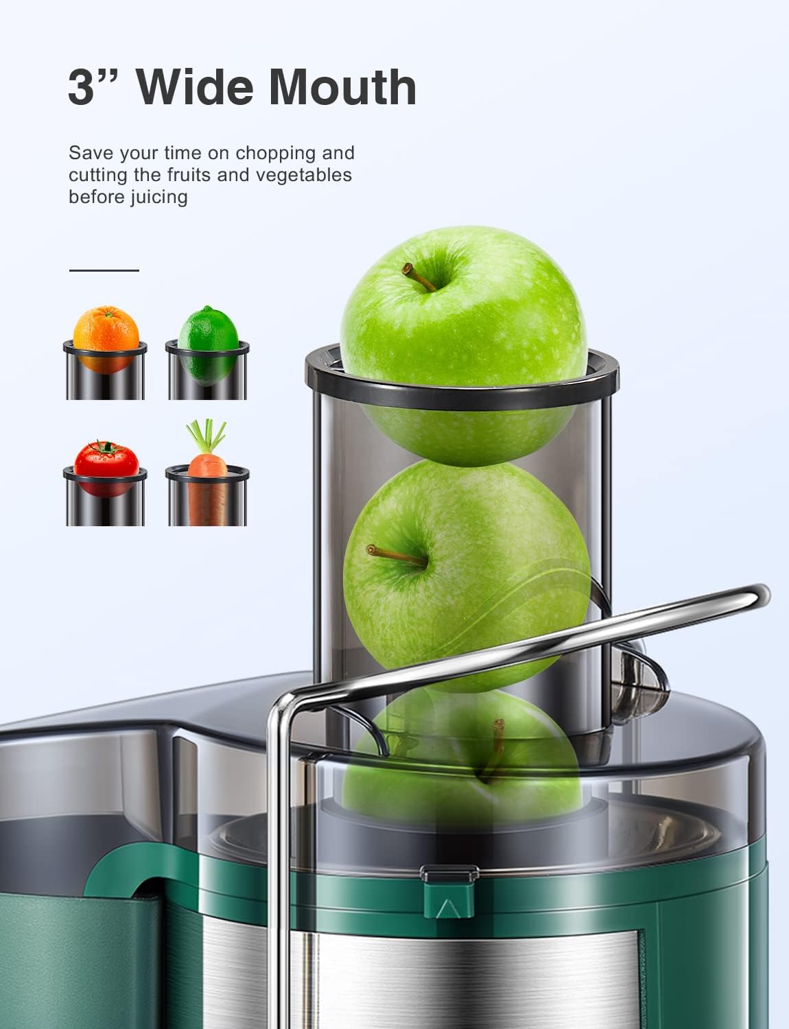 Qcen Juicer Machine, 800W Centrifugal Juicer Extractor with Wide Mouth 3” Feed Chute for Fruit Vegetable, Easy to Clean, Stainless Steel, BPA-free (Black)