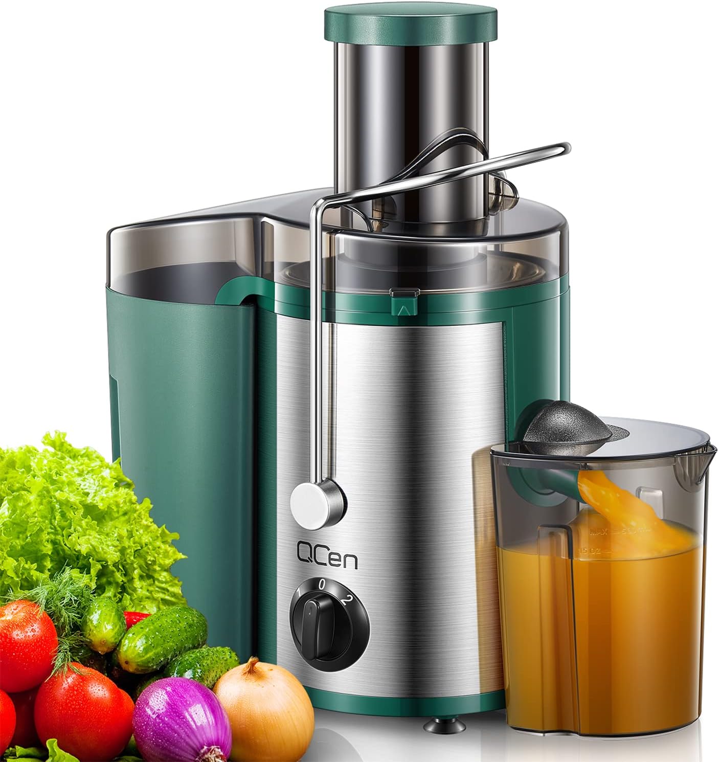 Qcen Juicer Machine, 800W Centrifugal Juicer Extractor with Wide Mouth 3” Feed Chute for Fruit Vegetable, Easy to Clean, Stainless Steel, BPA-free (Black)