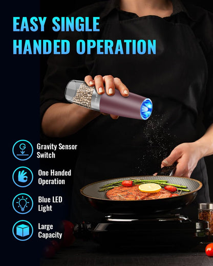 Sweet Alice Gravity Electric Pepper and Salt Grinder Set, Adjustable Coarseness, Battery Powered with LED Light, One Hand Automatic Operation, Stainless Steel Black, 2 Pack