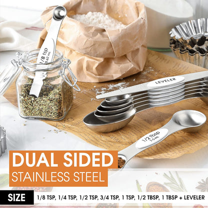Spring Chef Magnetic Measuring Spoons Set with Strong N45 Magnets, Heavy Duty Stainless Steel Metal, Fits in Most Kitchen Spice Jars for Baking & Cooking, BPA Free, Black, Set of 8 with Leveler
