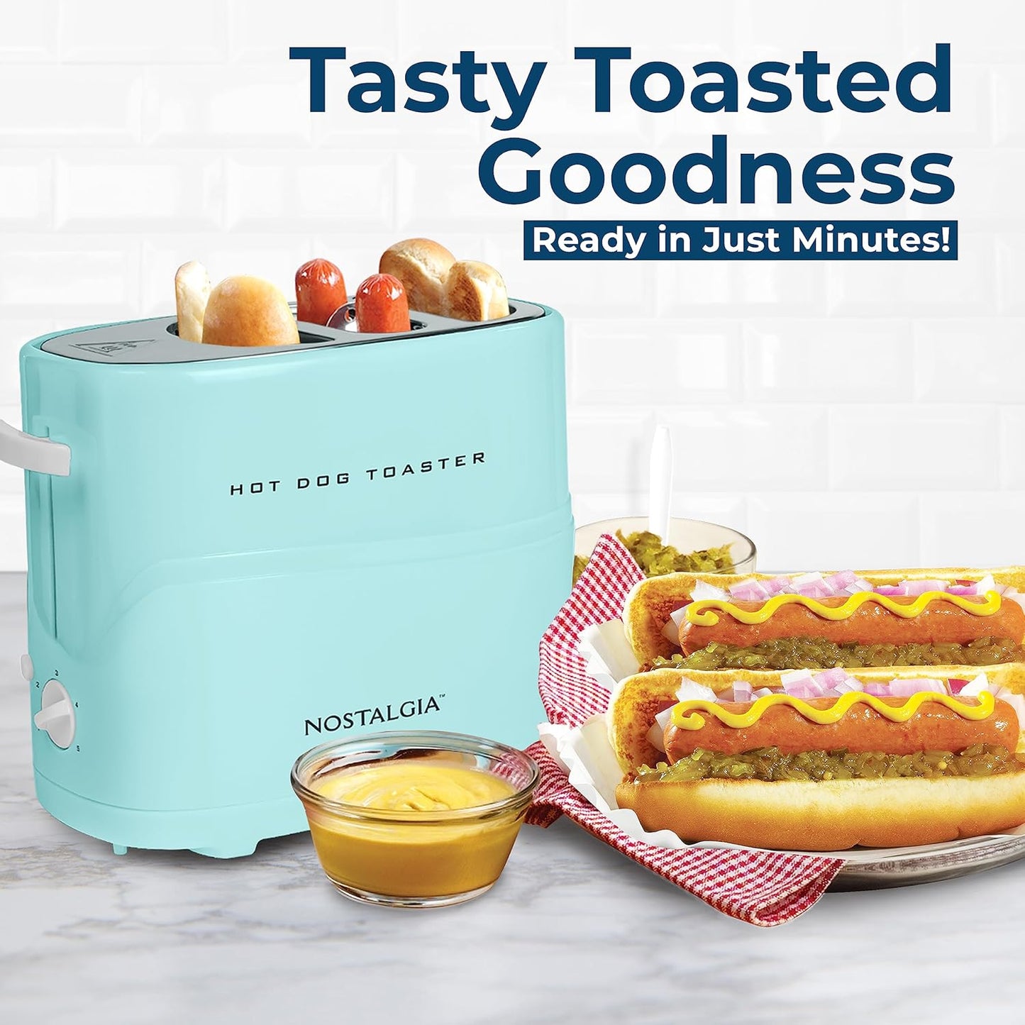 Nostalgia 2 Slot Hot Dog and Bun Toaster with Mini Tongs, Retro Toaster, Cooker that Works Chicken, Turkey, Veggie Links, Sausages Brats, Metallic Red