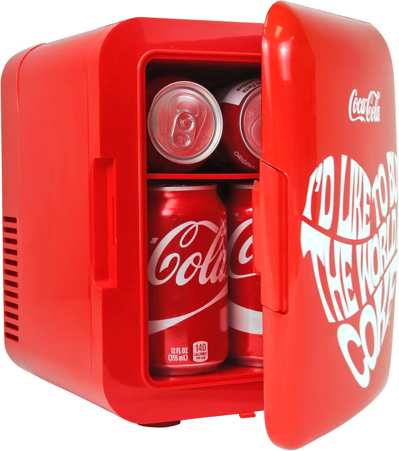 Coca-Cola Classic Coke Bottle 4L Mini Fridge w/ 12V DC and 110V AC Cords, 6 Can Portable Cooler, Personal Travel Refrigerator for Snacks Lunch Drinks Cosmetics, Desk Home Office Dorm, Red