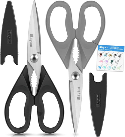 iBayam Kitchen Scissors All Purpose Heavy Duty Meat Poultry Shears, Dishwasher Safe Food Cooking Scissors Stainless Steel Utility Scissors, 2-Pack (Black Red, Black Gray)