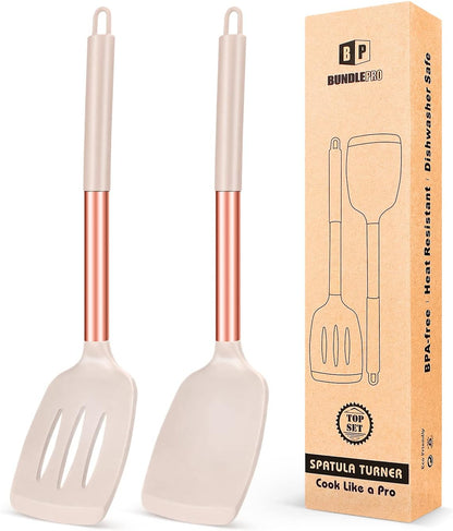 Pack of 2 Silicone Solid Turner,Non Stick Slotted Kitchen Spatulas,High Heat Resistant BPA Free Cooking Utensils,Ideal Cookware for Fish,Eggs,Pancakes (Black)