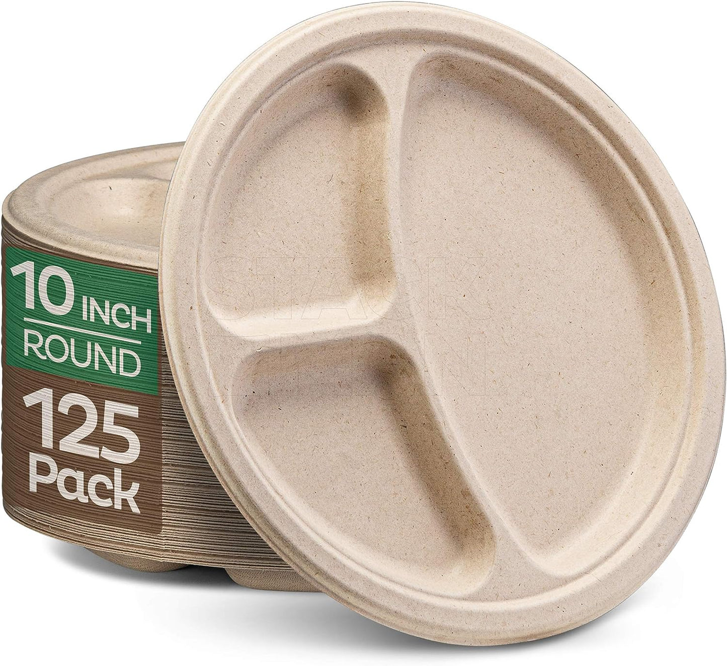 Paper Plates, 100% Compostable Heavy Duty Disposable Plate - [125-Pack] - {PFAS-Free} - {BPI Certified} - [9 Inch] Eco-Friendly, Biodegradable Bagasse Natural Brown 9" Dinner Plates - By Stack Man