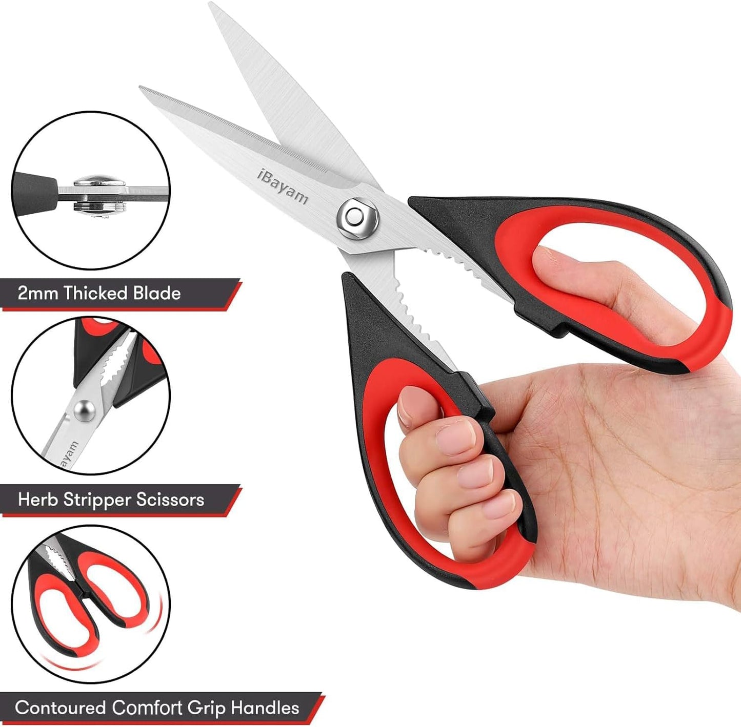 iBayam Kitchen Scissors All Purpose Heavy Duty Meat Poultry Shears, Dishwasher Safe Food Cooking Scissors Stainless Steel Utility Scissors, 2-Pack (Black Red, Black Gray)
