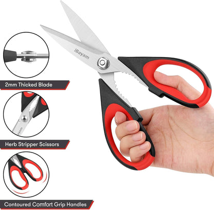 iBayam Kitchen Scissors All Purpose Heavy Duty Meat Poultry Shears, Dishwasher Safe Food Cooking Scissors Stainless Steel Utility Scissors, 2-Pack (Black Red, Black Gray)