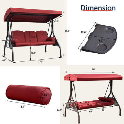 NOBLEMOOD Patio Porch Swing, 3-Seat Outdoor Swing with Adjustable Canopy, Thickened Cushion, Pillow and Foldable Side Tray for Patio, Backyard, Porch Swing Bed for Spring(Khaki)