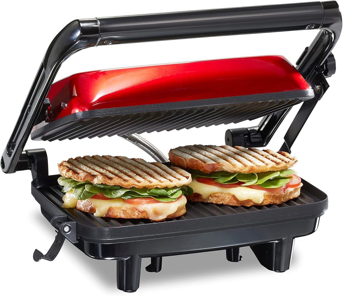 Hamilton Beach Panini Press Sandwich Maker & Electric Indoor Grill with Locking Lid, Opens 180 Degrees for any Thickness for Quesadillas, Burgers & More, Nonstick 8" x 10" Grids, Chrome (25460AG)