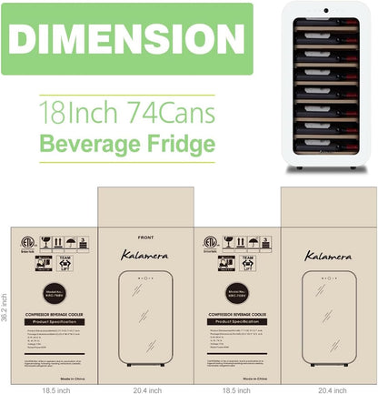 Kalamera 24 inch Wine Cooler, 46 Bottle - Dual Zone Built-in or Freestanding Fridge with Stainless Steel Reversible Glass Door, for Home, Kitchen, or Office.