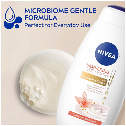 NIVEA Coconut and Almond Milk Pampering Body Wash, Moisturizing Body Wash with Nourishing Serum, Plant-Derived Oils, Essential Skin Lipids and Vitamins, 20 Fl Oz Bottle