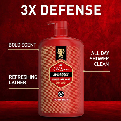 Old Spice Body Wash for Men, 24/7 Shower Fresh with Lasting Scent, Red Collection, Swagger with Cedarwood Scent, 24 fl oz (Pack of 2)