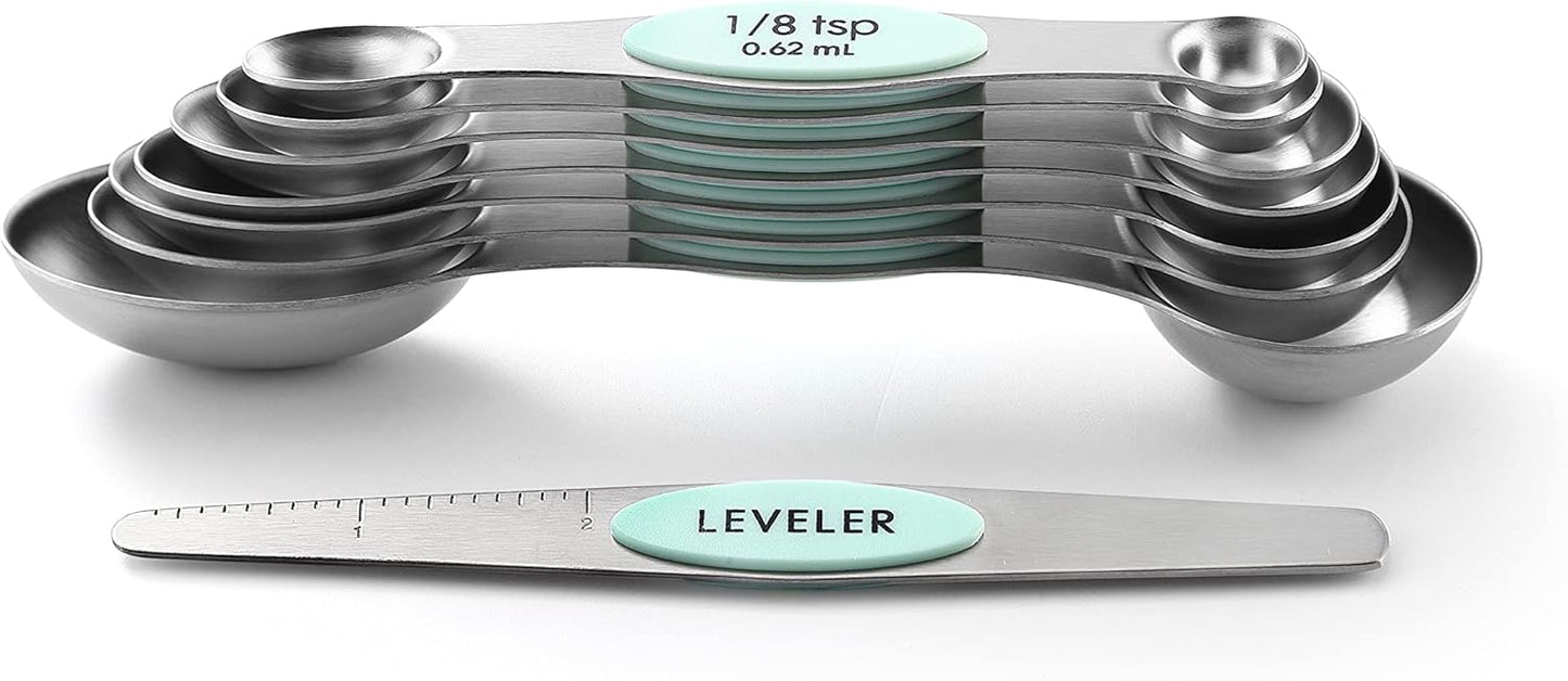 Spring Chef Magnetic Measuring Spoons Set with Strong N45 Magnets, Heavy Duty Stainless Steel Metal, Fits in Most Kitchen Spice Jars for Baking & Cooking, BPA Free, Black, Set of 8 with Leveler