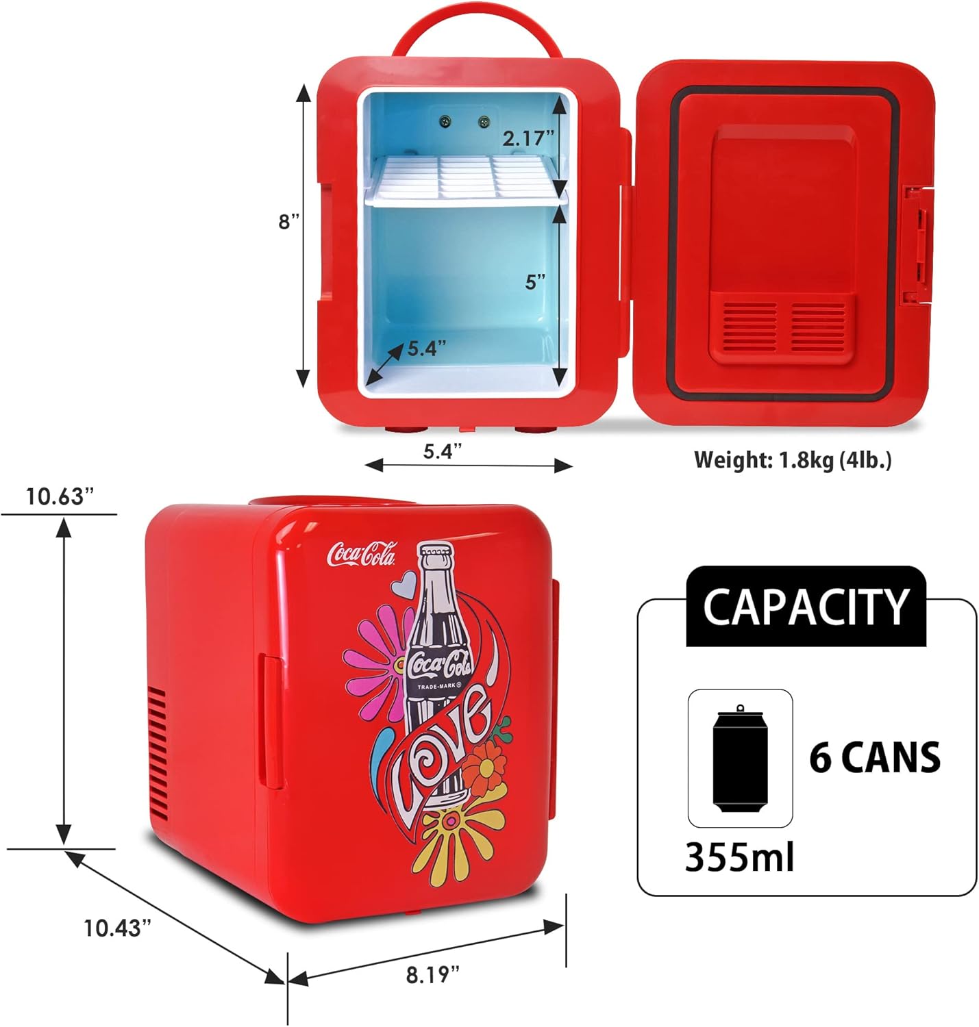 Coca-Cola Classic Coke Bottle 4L Mini Fridge w/ 12V DC and 110V AC Cords, 6 Can Portable Cooler, Personal Travel Refrigerator for Snacks Lunch Drinks Cosmetics, Desk Home Office Dorm, Red